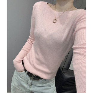 大圆领针织衫长袖女时髦百搭修身毛衣烫钻打底衫内搭亮闪闪上衣春