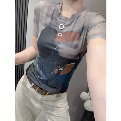 高级感印花网纱T恤女短袖修身