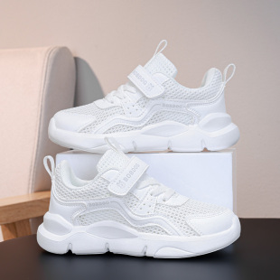 巴布豆童鞋女童小白鞋夏季2026新款缕空透气中大童单网儿童运动鞋