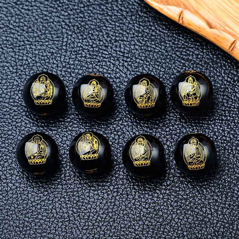 天然黑玛瑙生肖本命圆珠散珠烫金八大守护神十二生肖红绳手链配件