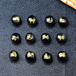 天然黑曜石烫金十二生肖圆珠DIY佛珠手串配珠吊坠配饰本命年饰品