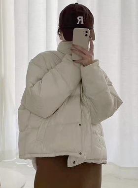 2024年新款韩版宽松长袖白鸭绒立领羽绒服女冬季短款小个子面包服