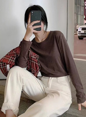 秋冬修身内搭韩国长袖纯色圆领打底衫黑色t恤女弹力棉针织衫上衣