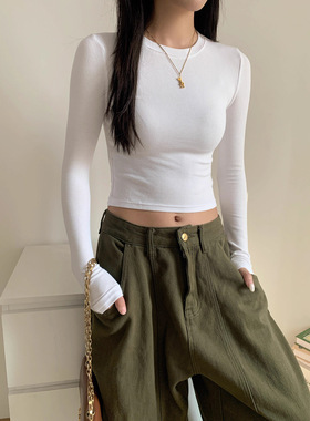 美式正肩短款小衫长袖T恤女2026春秋冬内搭打底修身百搭上衣白色