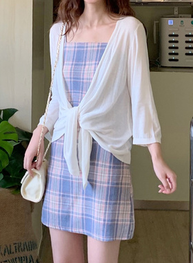 白色冰丝七分袖针织防晒衫女夏薄款开衫外搭上衣罩衫空调披肩外套