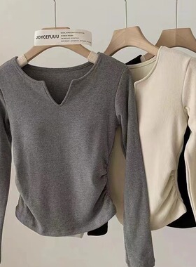 秋冬新款磨毛棉长袖加厚保暖舒适收腰v领带胸垫修身显瘦灰色上衣