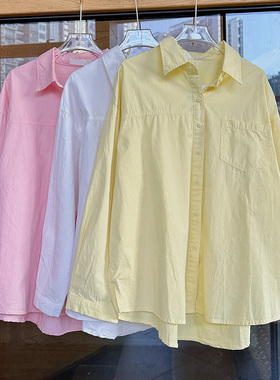 纯棉韩版宽松休闲白色口袋长袖衬衫女设计感小众春秋简约洋气时尚