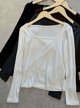 莫代尔小方领长袖T恤女上衣外穿内搭修身显瘦白色打底衫春秋新款