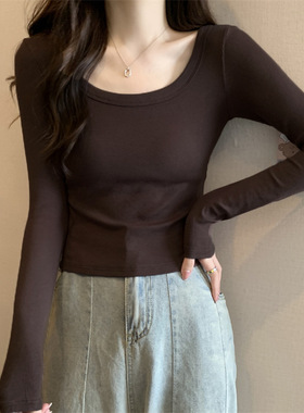 修身长袖打底衫锁骨秋冬休闲t恤大领口内搭双面德绒磨毛性感上衣