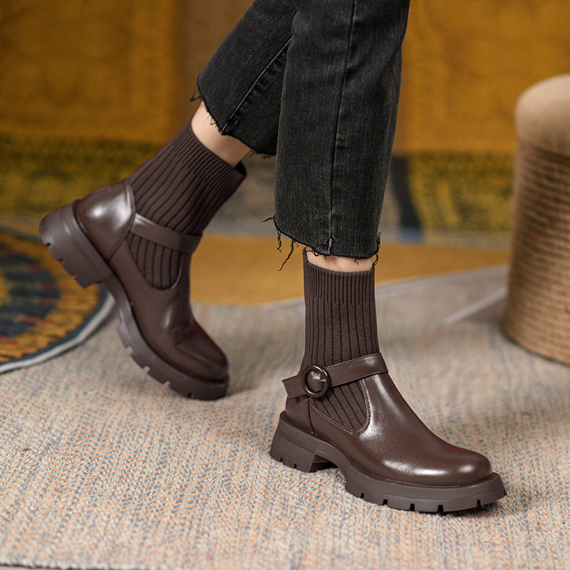 NEW FALL WINTER 2024 SOCK BOOTS PLATFORM BELT BUCKLE MARTIN BOOTS WOMENS KNITTED BLOCK HEEL FRENCH VERSATILE STRETCH BOOTIES
