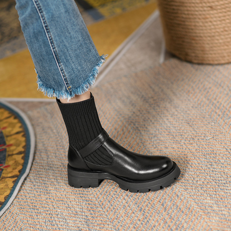 NEW FALL WINTER 2024 SOCK BOOTS PLATFORM BELT BUCKLE MARTIN BOOTS WOMENS KNITTED BLOCK HEEL FRENCH VERSATILE STRETCH BOOTIES