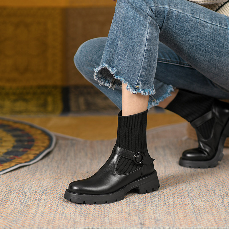 NEW FALL WINTER 2024 SOCK BOOTS PLATFORM BELT BUCKLE MARTIN BOOTS WOMENS KNITTED BLOCK HEEL FRENCH VERSATILE STRETCH BOOTIES