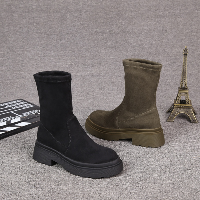 유럽 ??역 2024 가을 새로운 소매 다목적 두꺼운 발 뒤꿈치 탄성 NUBUCK 가죽 라운드 발가락 탄성 부츠 여성을위한 캐주얼 짧은 부츠