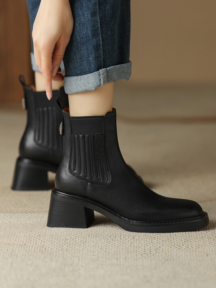 BLOCK HEEL BOOTIE WOMENS WINTER 2024 NEW COMFORTABLE SLIM STRETCH BOOTS SQUARE TOE FRENCH ANKLE BOOTS HIGH HEELS CHELSEA BOOTS