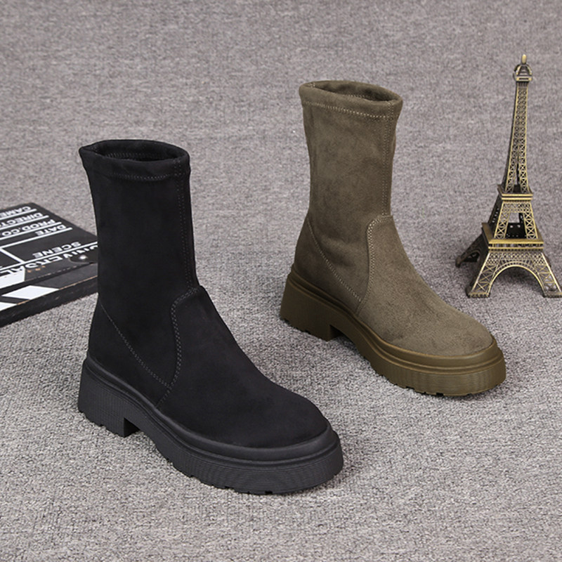 유럽 ??역 2024 가을 새로운 소매 다목적 두꺼운 발 뒤꿈치 탄성 NUBUCK 가죽 라운드 발가락 탄성 부츠 여성을위한 캐주얼 짧은 부츠