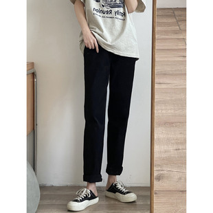直腿小黑裤 敲好搭弹力显瘦高腰百搭休闲直筒牛仔裤 长裤 女 2022春季
