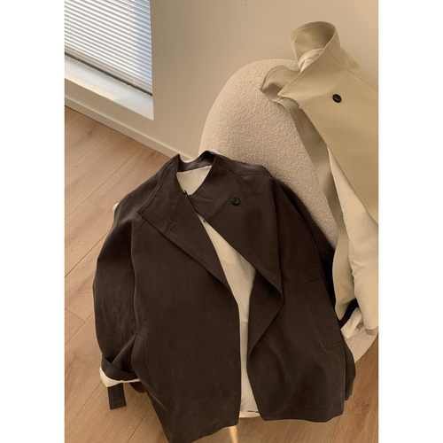 重磅时髦立领风衣外套2024新款韩系一粒扣简约宽松慵懒短款风衣