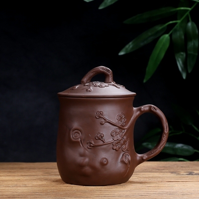 紫砂盖杯梅花杯带盖带把原矿泥料