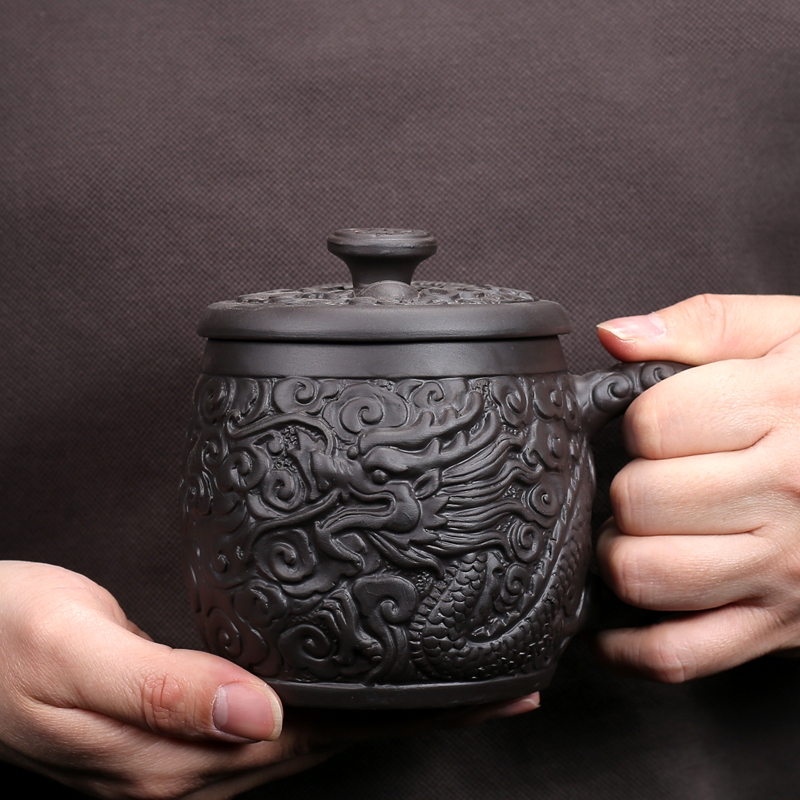 紫砂大容量盖杯朱泥紫砂杯男士泡茶杯中式复古浮雕陶瓷功夫茶具杯