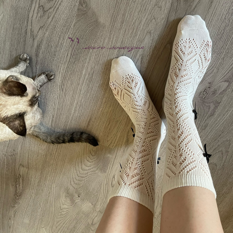 女士纯棉手工中筒袜手工蝴蝶结