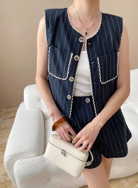 通勤老钱风 全亚麻高级感竖条纹花边马甲短裤两件套 SN7663
