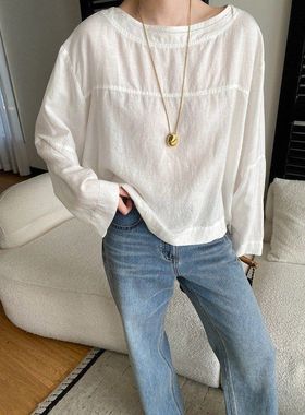 早春新款 后背镂空系带设计感圆领套头宽松长袖衬衫 SN8653