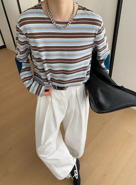 早春新款 松弛复古时髦条纹撞色爱心贴布T恤打底衫 SN8647