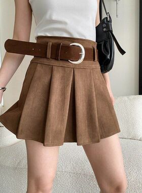 时髦精挚爱 美式复古麂皮绒高腰A字百褶短裙配腰带 SN8735