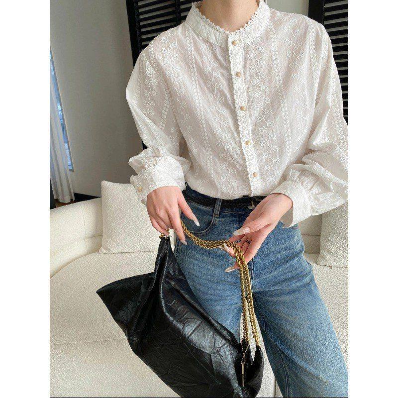 早春新款 温柔风重工刺绣蕾丝花边立领气质衬衫全棉 SN8582