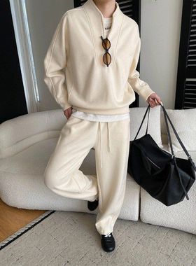 美式运动风半拉链休闲加绒卫衣抽绳阔腿休闲裤套装 SN8309