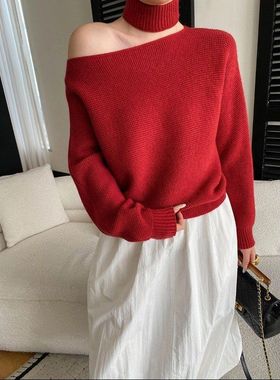 早春新款 含围脖一字肩设计感显瘦华夫格针织衫毛衣 SN8579