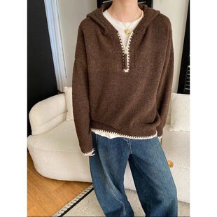 SN8456 毛衣 老钱风穿搭 慵懒半拉链钩花撞色休闲连帽针织衫
