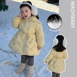 女宝宝衬肤色黄色毛线领羽绒服女童冬款女婴儿童90白鸭绒外套保暖