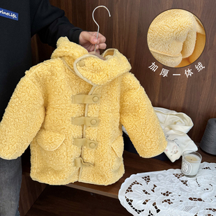 女宝宝豪华羊羔毛呢大衣女婴儿秋冬装女童一体加厚加绒外套中长款