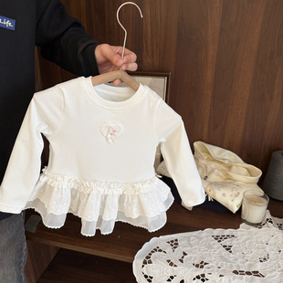 女宝宝洋气蕾丝裙摆T恤上衣女婴儿春装新款女童亲肤棉打底衫百搭