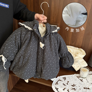女宝宝韩系花苞碎花棉衣女婴儿冬装新款洋气女童加厚加绒外套棉服