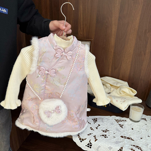 女宝宝中国风拜年服套装女童冬款女婴儿童毛衣旗袍裙新年装两件套