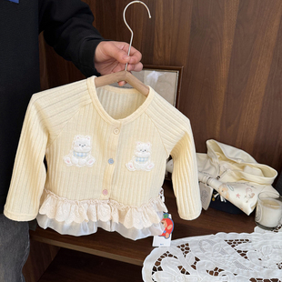 女宝宝元气可爱针织开衫女婴儿春装2026新款女童拼接裙摆毛衣外套