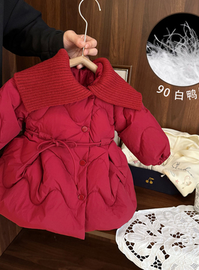 女宝宝羽绒服洋气红色新年装女童冬装女婴儿优质90白鸭绒外套加厚
