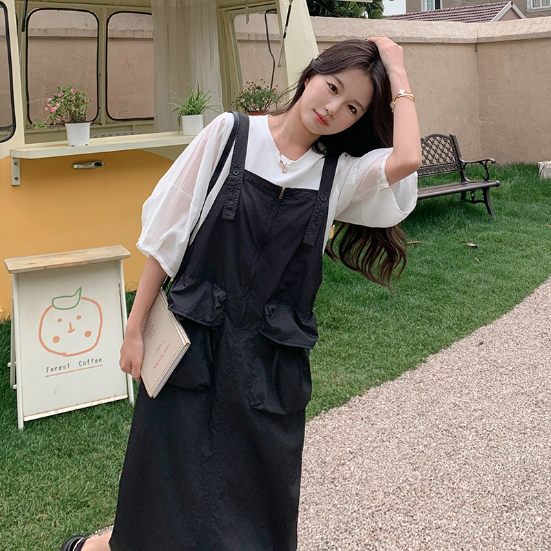 卡其色休闲日系工装风背带裙女2024夏新款慵懒宽松显瘦文艺连衣裙,女装套装/套裙,浙宝220