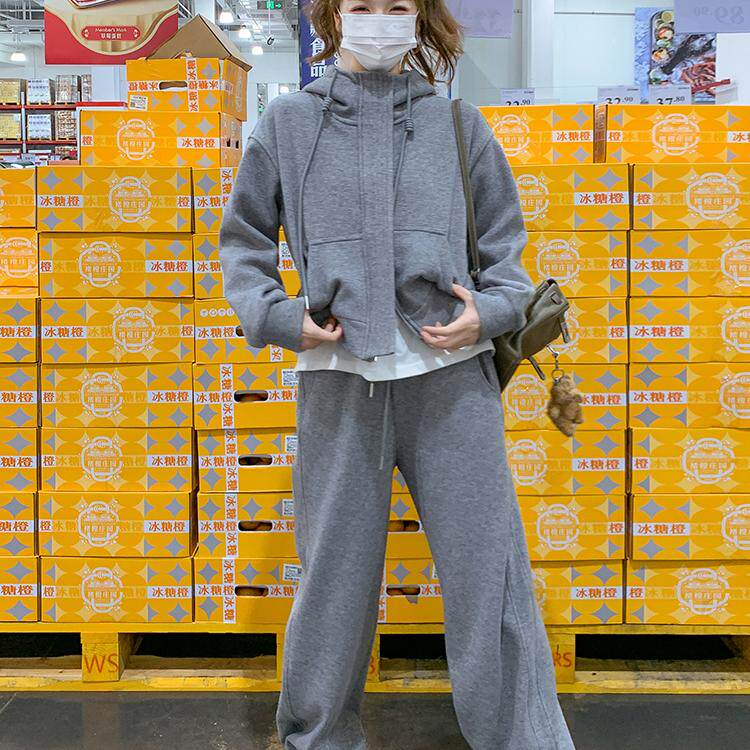 韩版宽松休闲运动卫衣女2025春秋新款连帽开衫外套长裤,女装运动套装,浙宝220