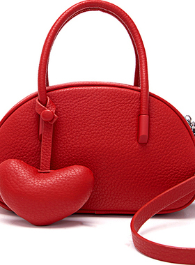 真皮红色婚包结婚新娘包包女2025新款波士顿枕头包软皮单肩斜挎包