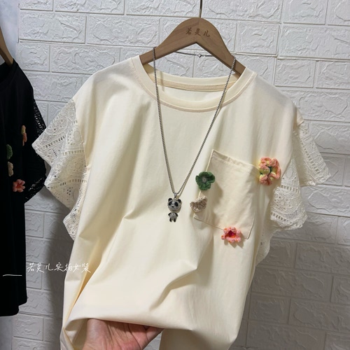 若灵儿宽松休闲遮肉显瘦女装立体花朵简约圆领短袖T恤大码上衣