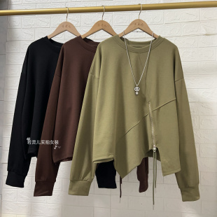 女装 春秋新韩版 宽松圆领套头卫衣女纯色简约百搭休闲上衣大码
