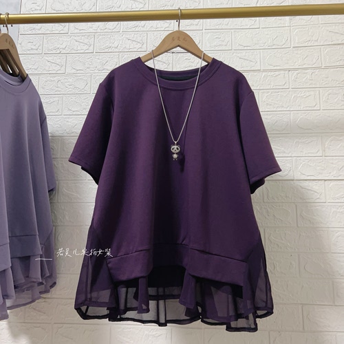 若灵儿宽松休闲遮肉显瘦雪纺荷叶边下摆女装短袖T恤大码上衣