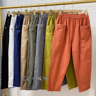 春夏新款韩版大口袋弹力高腰麻棉九分裤宽松休闲显瘦大码老爹裤子