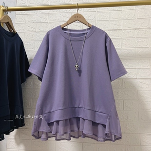 T恤大码 上衣 简约短袖 若灵儿雪纺荷叶边下摆宽松休闲遮肉显瘦女装