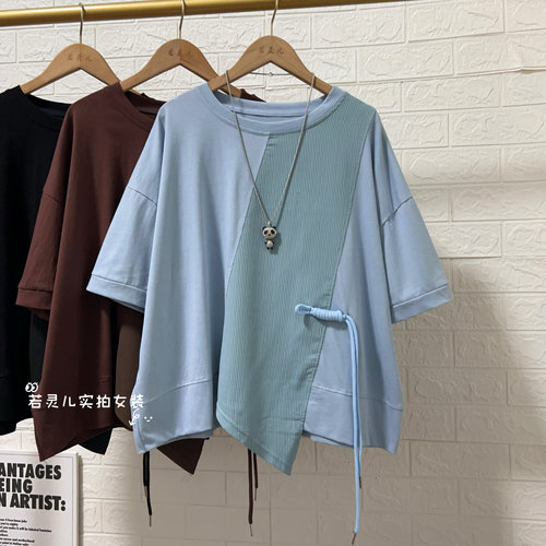 夏季新款韩版不对称拼接短袖T恤宽松休闲遮肚显瘦大码女装上衣