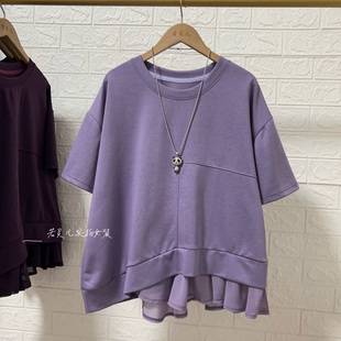 T恤大码 上衣 雪纺荷叶边下摆圆领短袖 若灵儿宽松休闲遮肉显瘦女装