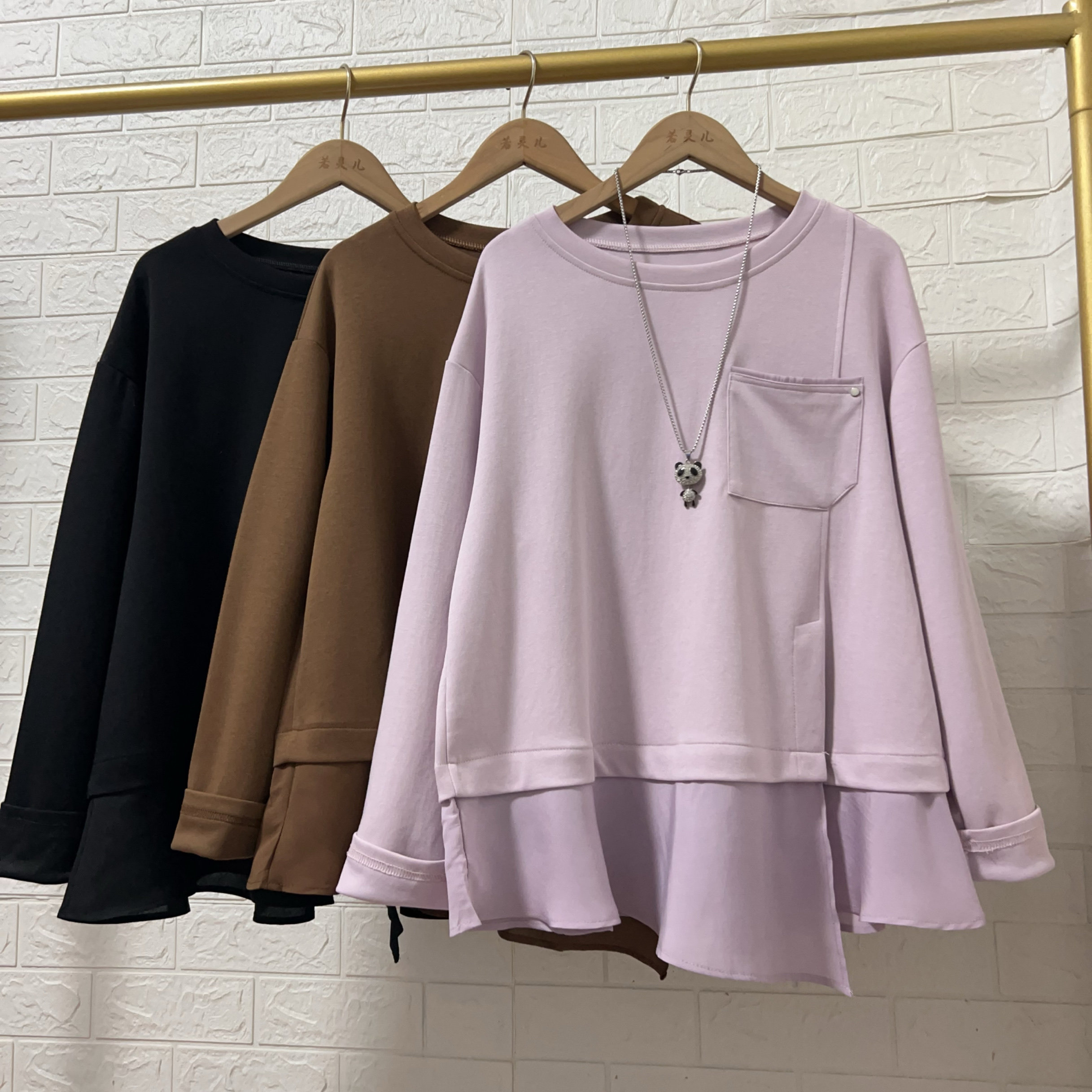 若灵儿2025秋季新款韩版单边口袋设计感套头圆领长袖卫衣宽松显瘦